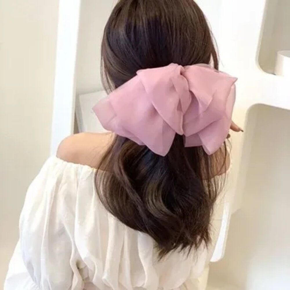 NEW Retro Coquette Girl Mauve Pink Chiffon Large Floppy Hair Bow School